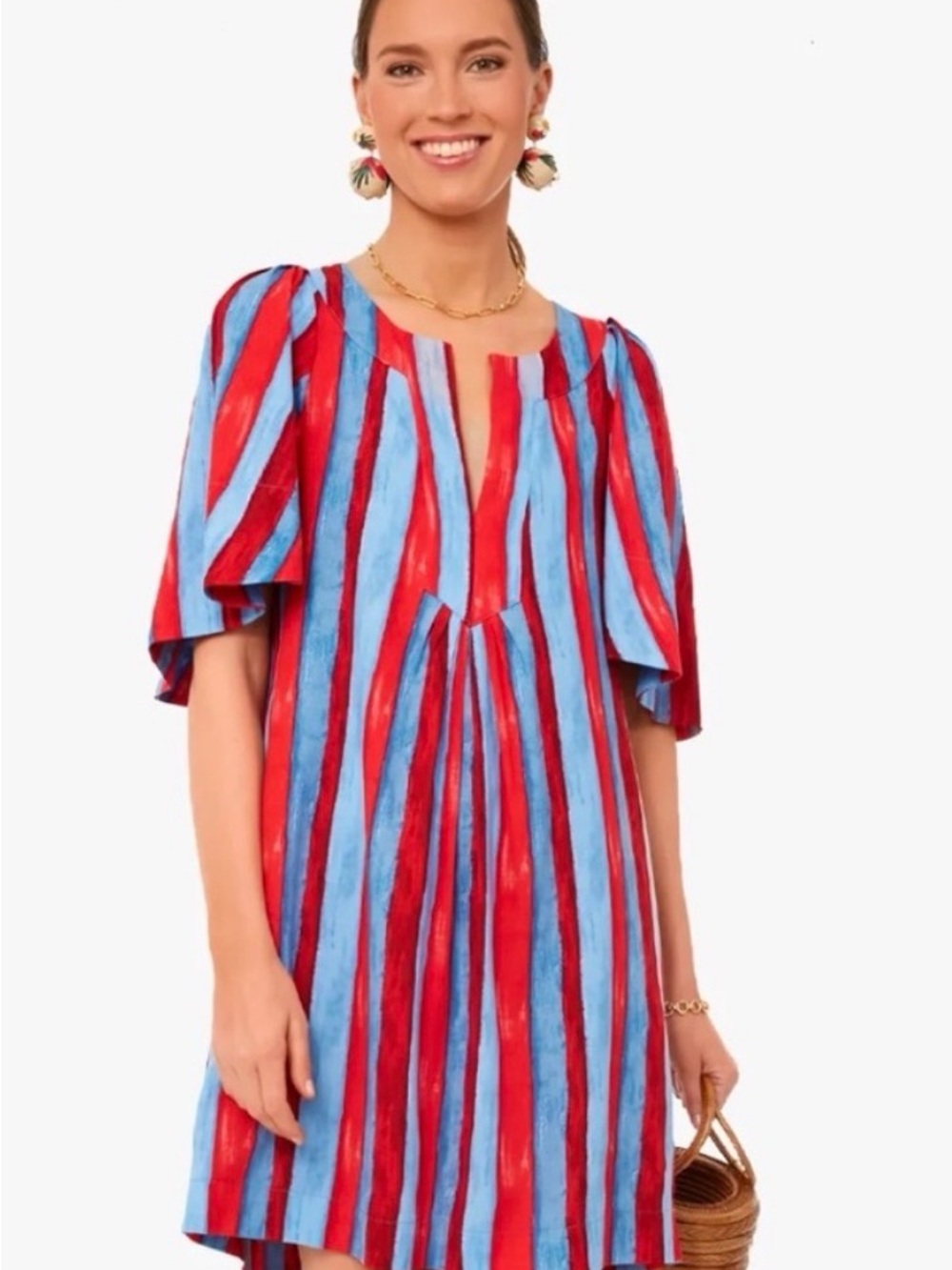Tuckernuck flutter sleeve Finley Painterly Red and Blue Striped Midi Dress XXL - Picture 3 of 6